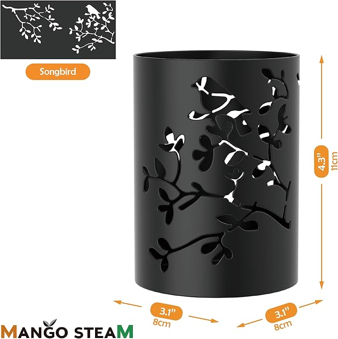 Mango Steam Metal Pen Holder, Makeup Brush Cup Organizer for Office, Bathroom, Vanity (Black, Bird)