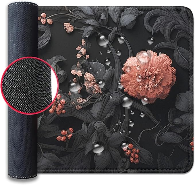 Black Art Flowers Mouse Pad,Large Vintage Floral Mousepad Desk Pad with Stitched Edges,Non-Slip Waterproof Rubber Base Mouse Mat for Office Computer Keyboard Laptop Home(27.5x11.8 in)