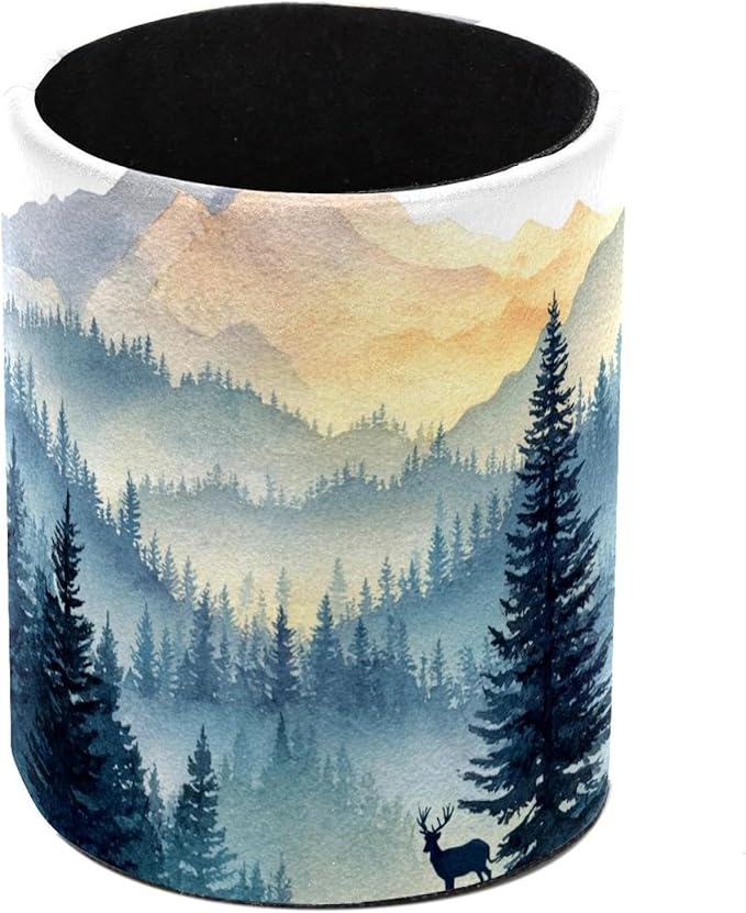 Watercolor Mountain Deer PVC Leather Circular Pencil Holder for Desk Organizer Stationery Holder for Office, School(3.9 x 3.1 Inches)