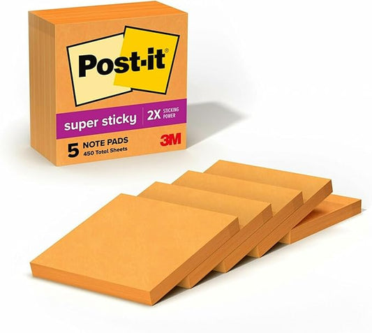 Post-it Super Sticky Notes, 5 Sticky Note Pads, 3 x 3 in., School Supplies, Office Products, Sticky Notes for Vertical Surfaces, Monitors, Walls and Windows, Vital Orange