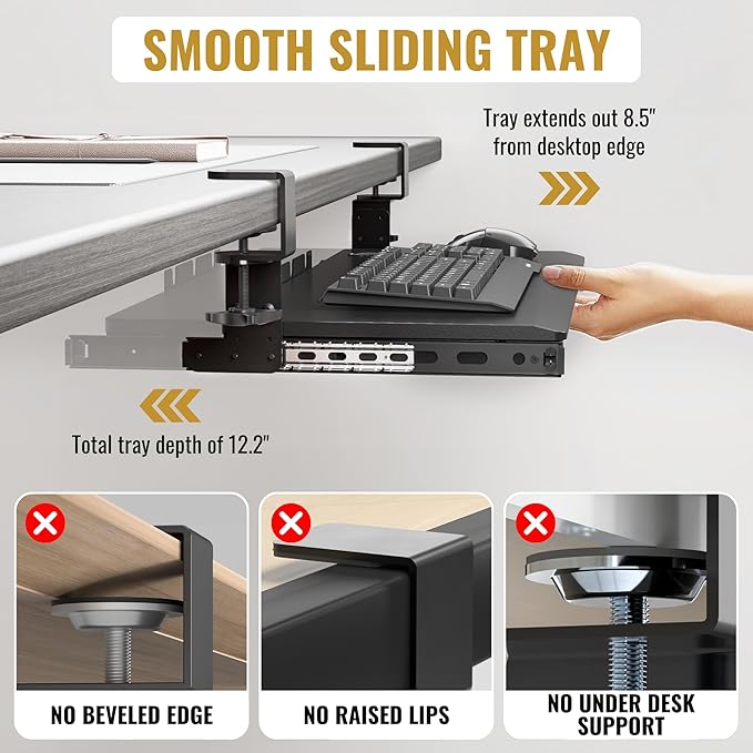 Keyboard Tray Under Desk Slide Out – Large 27" (31" Wide with Clamps) Computer Drawer Pull Out with Sturdy C-Clamp Mount, Ergonomic Keyboard Holder Under Desk Tray, Black