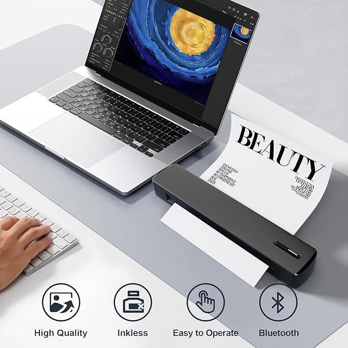 C80 Wireless Printer, Inkless Portable Printer for Travel, Supports A4 8.5 x 11 Inch Thermal Paper, Compatible with Phone & Laptop (Black)