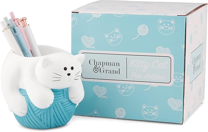 Chapman and Grand Relaxing Kitty Cat Pen Holder (White/Turquoise), Patent Pending