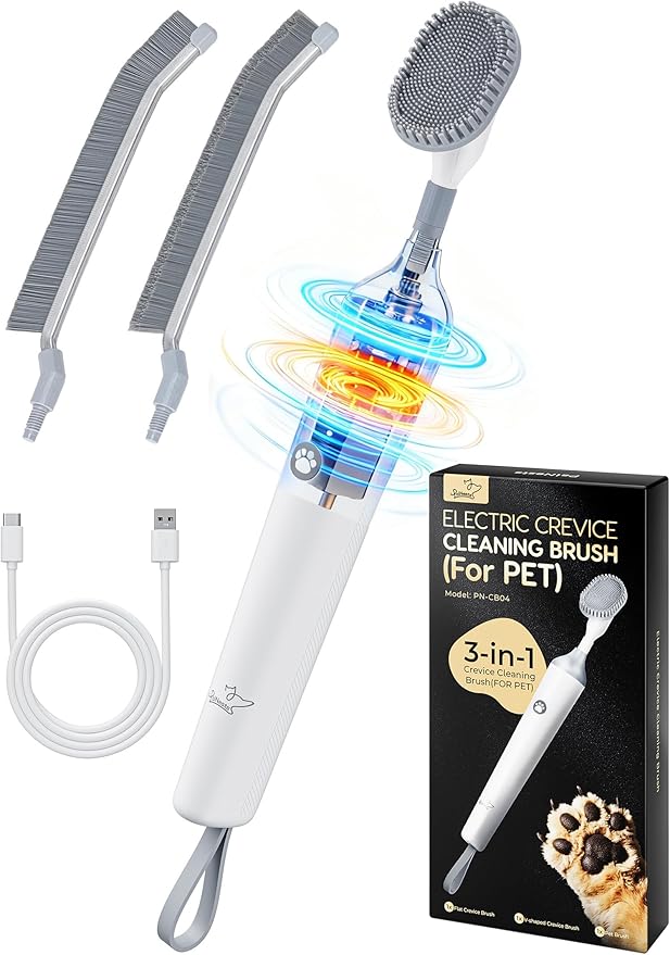 PalNests 3-in-1 Reciprocating Deep-Clean Brush - Hard, V-Shaped & Soft Silicone Brush Heads for All Surfaces, 3-Speed with LED Light for Grout, Delicate Glass, Kitchen, Bathroom, Car & Pet Areas