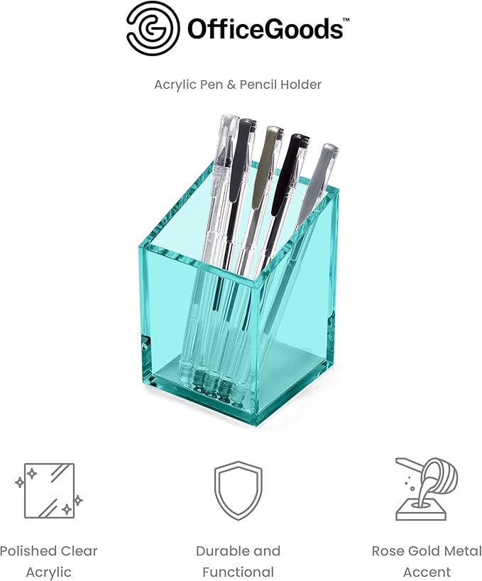 OfficeGoods Acrylic Pen & Pencil Holder - Modern Trapezoid Design - Beautiful Desk Organizer for Home or Office - Contrasting Metal Base - 3" Square w/ 3.5" Front & 4.5" Back - Green