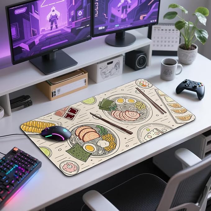 Japanese Ramen Large Gaming Mouse Pad 31.5"x15.7"｜Illustrated Food Pattern XXL Desk Mat, Non-Slip Rubber Base & Stitched Edges - Extended Waterproof Mousepad for PC/Laptop/Office/Home Decor