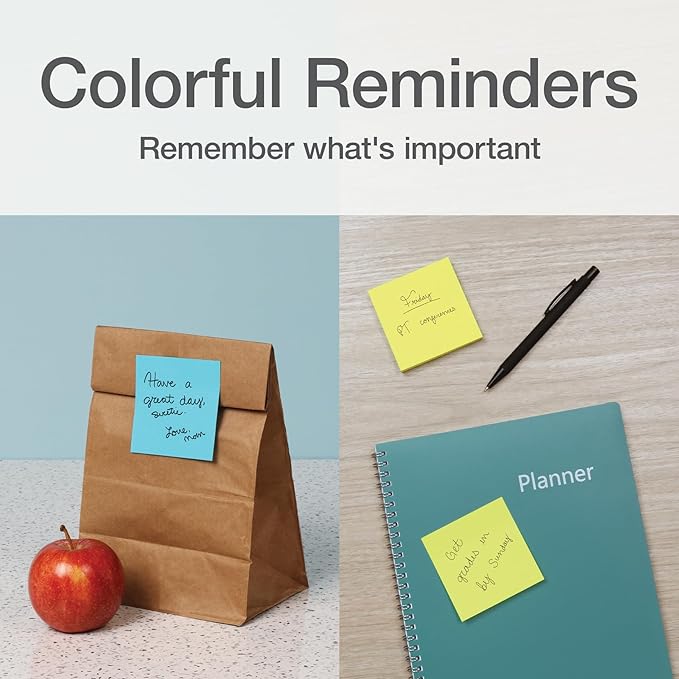 Redi-Tag Sticky Notes, Power Stick Notes, Adhesive Reminders, 3" x 3" Reusable Notes, Strong Adhesive Memos, Assorted Bright Colors, 144 Pack (1000977)
