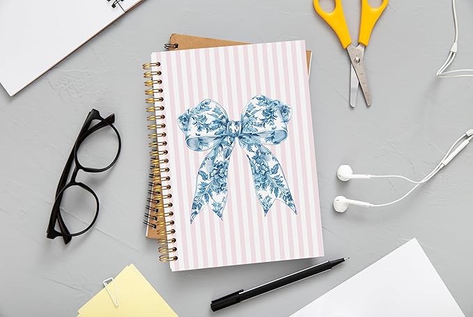 Chinoiserie Blue Floral Bow Notebook Journal, Preppy Aesthetic Journal Notebook for Note Taking Work, Girly Notebook, Preppy Stuff, Pink Striped Spiral Notebook 5.5x8.3 Inch