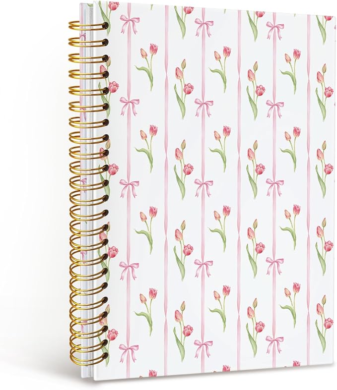 MOFUYU Tulips Spiral Journal Notebook for Women,Pink Hardcover Notebook for Work & Note Taking,Cute Notebooks for School A5 Size 5.5x8.3