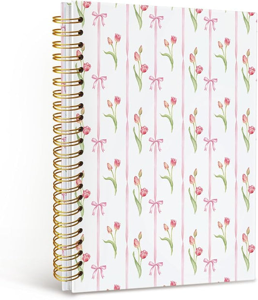 MOFUYU Tulips Spiral Journal Notebook for Women,Pink Hardcover Notebook for Work & Note Taking,Cute Notebooks for School A5 Size 5.5x8.3