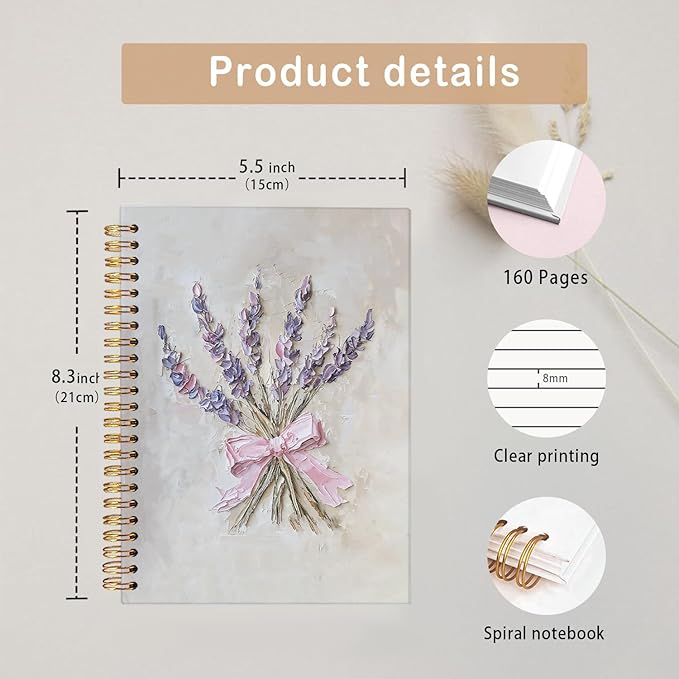MOFUYU Pink Bow Floral Journal for Women Girls，Floral Coquette Aesthetic Spiral Notebook，Pretty Trendy Notebook, Girl School Supplies for Notes, Writing & Gifts, A5 Size 5.5x8.3