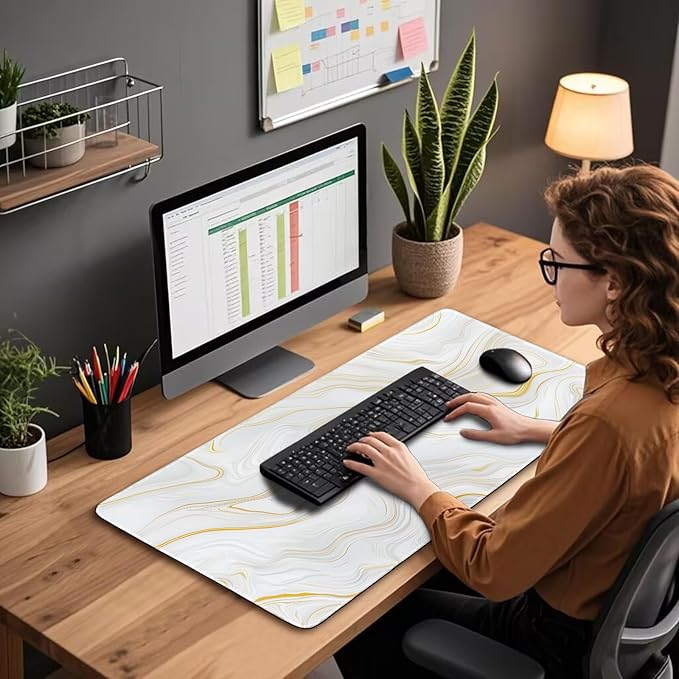 Marble Pattern Large Gaming Mouse Pad 31.5"x15.7"｜ Gold Topographic XXL Desk Mat, Non-Slip Rubber Base & Stitched Edges - Extended Waterproof Mousepad for PC/Laptop/Office/Home Decor