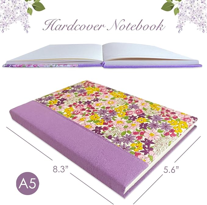 Purple Journal for Women, Floral Notebook, A5, 6x8, Lined Page, Hardcover Notebook, Lay Flat, Flower Printed Cover, Cotton Fabric, Writing Journal, Reading Notebook, Lilac Gifts