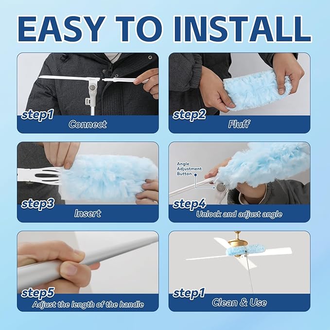 Duster Extended Handle with 20 Pcs Duster Refill, Duster with Extension Pole, Heavy Duty Duster Refills Kit for Ceiling Fan Blades, Cleaning, Dusting, Furniture, Blind, Hard-to-Reach Areas