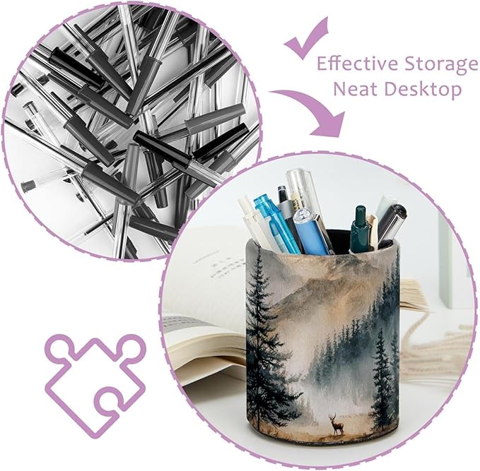 Watercolor Mountain Deer Circular Pen Holder, Pen Cup Makeup Brush Holder, Design for School, Home and Stationary Supplies (3.9 x 3.1 Inches)