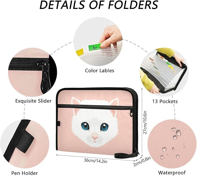 White Persian Cat Expanding File Folder 13 Pockets with Zipper Cute Dog Expandable Filing Folders Accordion Document Files Organizer for A4 Letter Size Paper