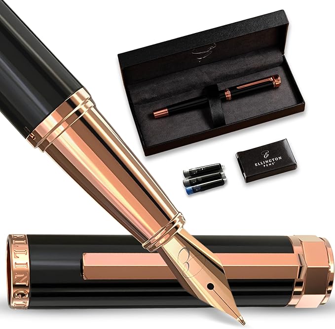 Ellington Pens Luxury Fountain Pen Set - Extra Fine Nib- Includes 3 Ink Cartridges, Refillable Ink Converter, Gift Box- Fountain Pens For Writing, Calligraphy, Journaling, Sketching (Midnight Rose)