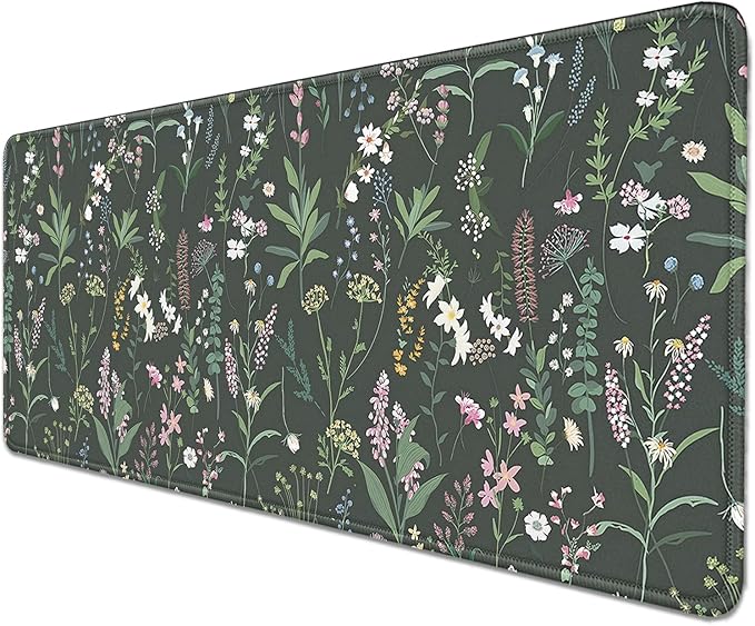 Green Plant Floral Mouse Pad,Large Flowers Mousepad Desk Pad with Stitched Edges,Non-Slip Waterproof Rubber Base Mouse Mat for Office Computer Keyboard Laptop Home(27.5x11.8 in)