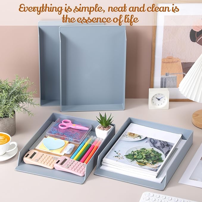 Wenqik 4 Pcs Stackable Paper Trays Rectangular Plastic Desk Holder Desktop Document File Organizer Storage Letter for Office Classroom (Gray)