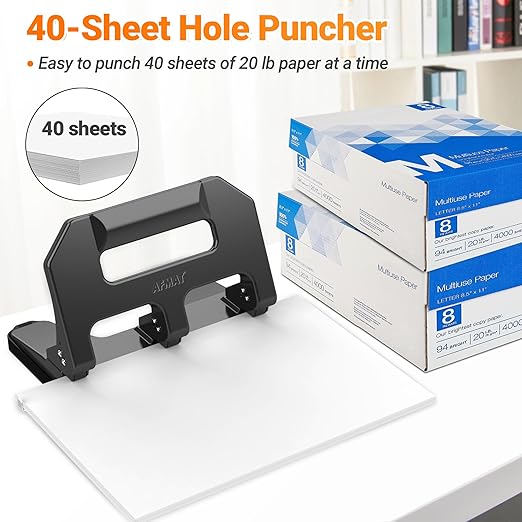 AFMAT HPX1 Heavy Duty 3 Hole Punch, 3 Hole Puncher for Binder, 40-Sheet Three Hole Punch w/ 10000+ Uses, Metal Hole Puncher 3 Ring, 50% Reduced Effort, Bulit-in S.S. Paper Guide (Gray)