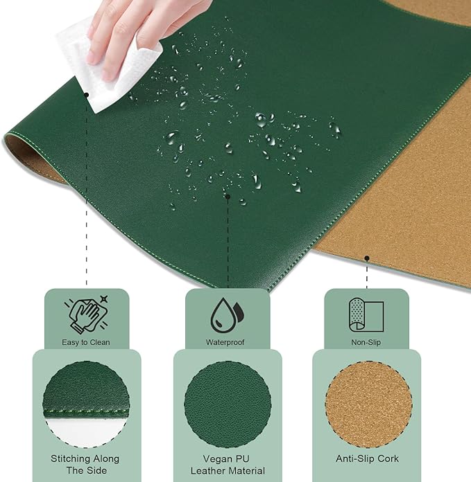 Dual-Sided Desk Pad, Natural Cork & PU Leather Mouse Pad for Desk, Desk Pad Protector, Non-Slip Desk Mat for Office and Home Work, (Dark Green, 23.6" x 13.7")