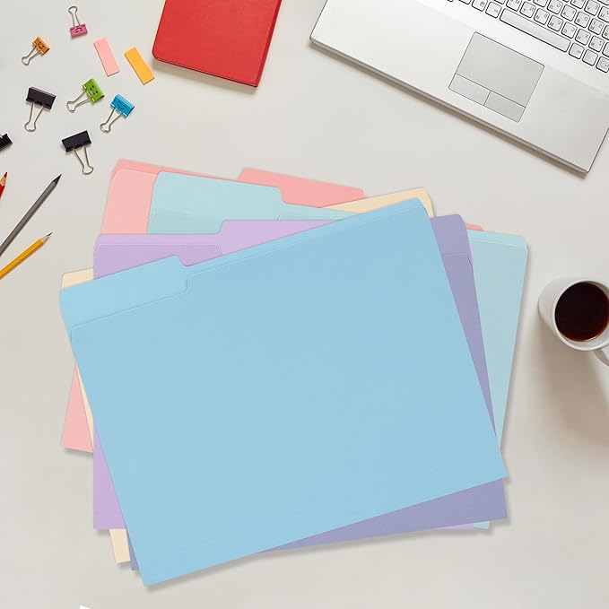 100 Packs File Folders Letter Size, 8.5 x 11 Colored File Folders 1/3 Cut Tab for Easy Labeling, for Home, Office, School Filing