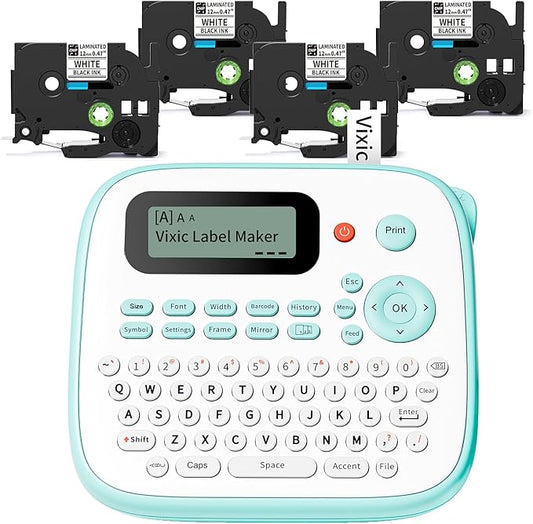 Vixic Label Maker, D210S Label Maker Machine with 4 Laminated Tapes, 12mm Labeler Labelmaker with QWERTY Keyboard, Print Different Fonts Frame Barcode for Home Office School, Green