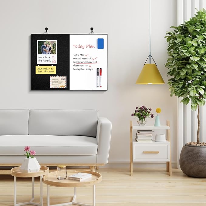 ARCOBIS Cork Board White Board Combo, 24"X18" Linen Bulletin Board Whiteboard for Wall, Double-Sided Magnetic Dry Erase Corkboard for Home, Office, School, Black