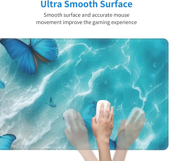 Blue Butterflies Beach Large Mouse Pad, Blue Gaming Desk Mat, XL Keyboard Desk Pad Mat for Desktop, 31.5"x11.8" Non-Slip Base Big Mousepad with Stitched Edges