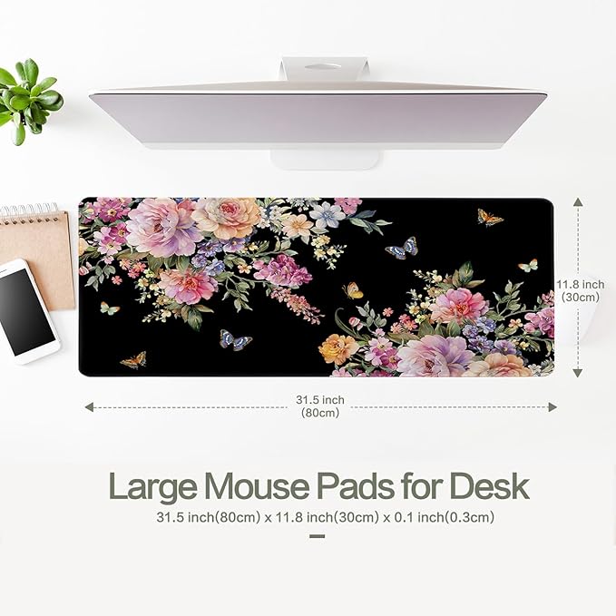 Vimorco Desk Mat Mouse Pad Butterfly Flower, Waterproof Pink Floral XL Large Gaming Desk Pad Mousepad, Black Computer Laptop Keyboard Mouse Mat for Women Girls Work, Game, Office, Home 31.5 x 11.8 in