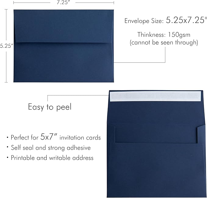 PONATIA 50 Pieces 5x7 Envelopes, A7 Envelopes Self Seal for Weddings, Invitation Cards, Photos, Postcards, Greeting Cards Mailing, Baby Shower, Graduation, Christmas Gift Cards (Navy Blue)