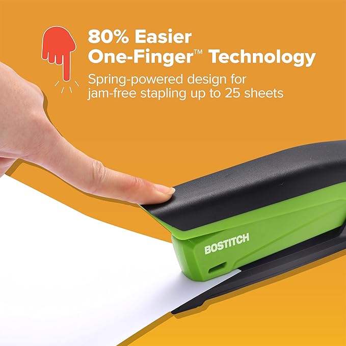 Bostitch Office InPower Spring-Powered Desktop Stapler, 20 Sheet Capacity, One Finger Stapling, Includes 210 Staples, Jam Free, Opens for Tacking, Green