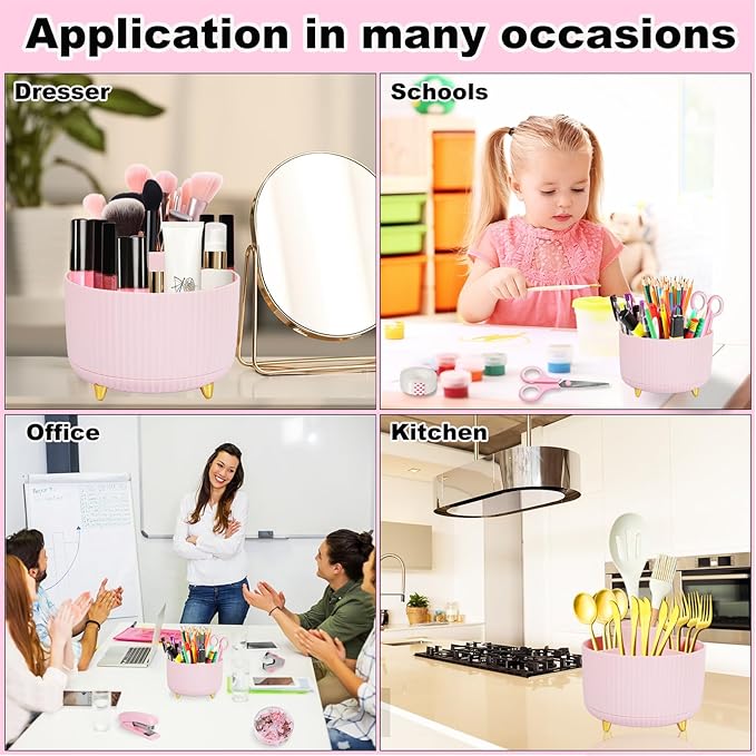Pink Desk Organizers and Accessories 10Pcs Set with 360-Degree Rotating Pen Holder, Tape Dispenser, Stapler, Staple Remover, 1000 Staples, Tape, Clips Set, Ruler, Scissor, Pen (Pink)