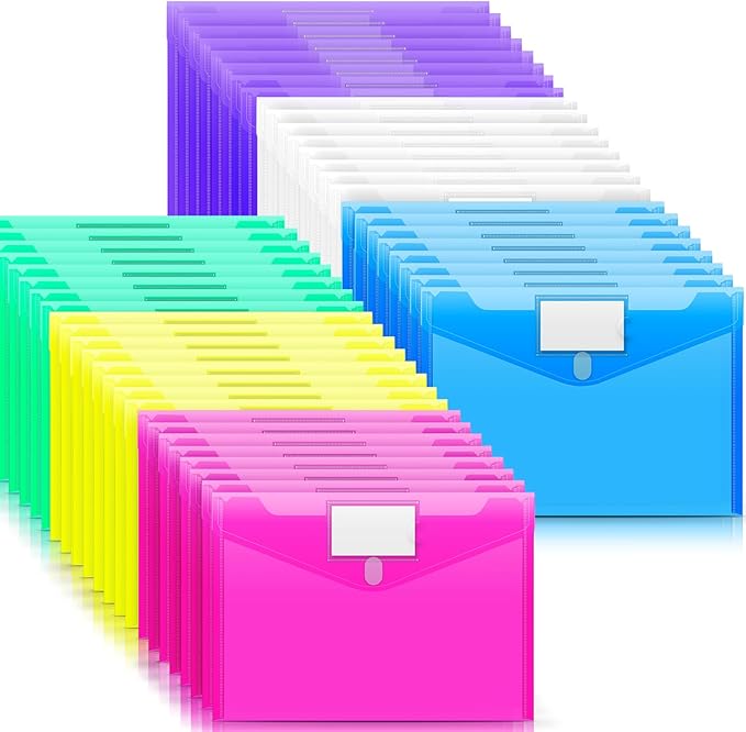 Sooez 48 Pack Plastic Envelopes Poly Envelopes, Clear Document Folders File Folders US Letter A4 Size File Folder with Label Pocket, Teacher School Office Supplies Organization Storage, Assorted Color