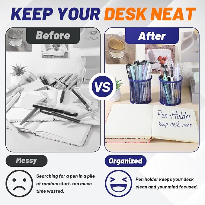 Segarty Pen Cup Holder for Desk, 12 Pack Round Dark Blue Pen Holder, Wire Mesh Pencil Cups Organizer Set for Office Supplies, School Classroom, Desktop Accessories, Makeup Brush