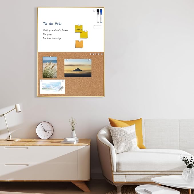 ARCOBIS Cork Board White Board Combo, 24 x 18 Inch Bulletin Board-Gold Frame, Magnetic Dry Erase Board & Corkboard for Wall, Vision Board for Home, Office, School