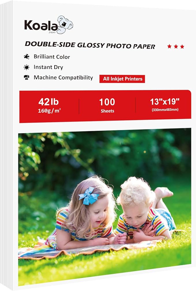 Koala Brochure Paper Double Side Glossy for Printing Photo 13X19 Inches 100 Sheets Compatible with Inkjet Printer 42LB