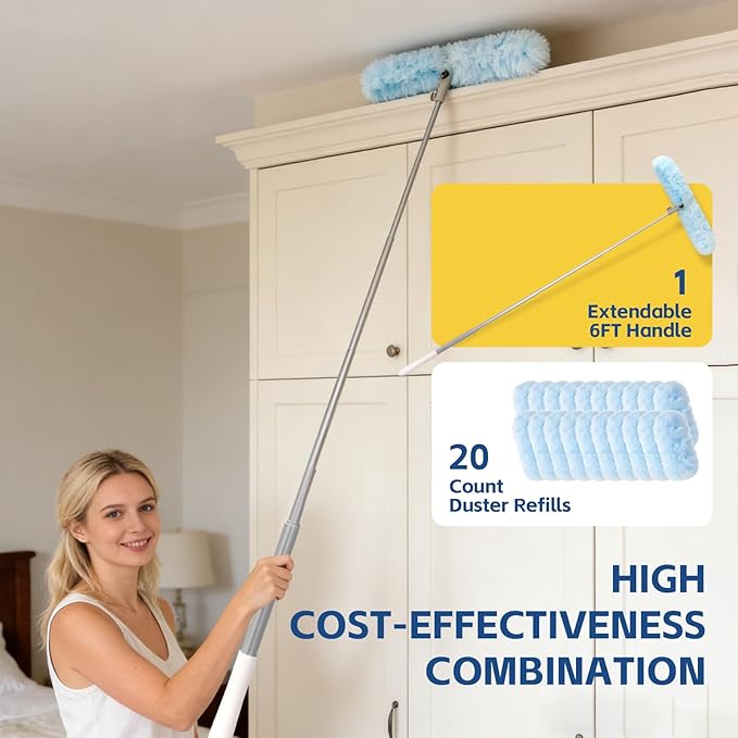Duster Extended Handle with 20 Pcs Duster Refill, Duster with Extension Pole, Heavy Duty Duster Refills Kit for Ceiling Fan Blades, Cleaning, Dusting, Furniture, Blind, Hard-to-Reach Areas