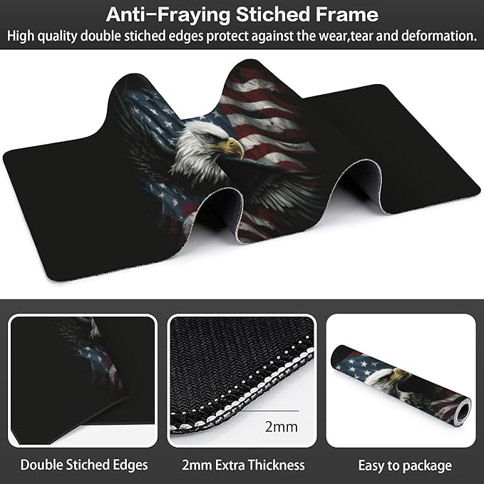 Desk Mat, USA Flag and Bald Eagle Extended Large Gaming Mouse Pad for Desk XXL, Non-Slip Rubber Base Stitched Edges Long Computer Keyboard Desk Pad Mouse Mat for Home Office Gaming 35.4"X15.7"