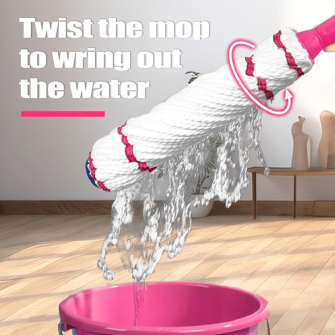 NEWE Self Wringing Twist Mop for Floor Cleaning, Upgraded 18-inch Wide Microfiber Mops, 55 inches Long Handle Wet Dry Kitchen Easy Squeeze String Mop for Wood, Hardwood, Tile, Marble (Rose Red)