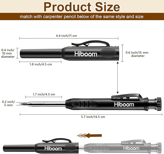 Hiboom 2 Pack Solid Carpenter Pencils with Pencil Cap and 18 Refills, Long Nose Deep Hole Mechanical Pencil Marker, Scribe Tool with Built-in Sharpener for Construction Woodworking Architect (Black)