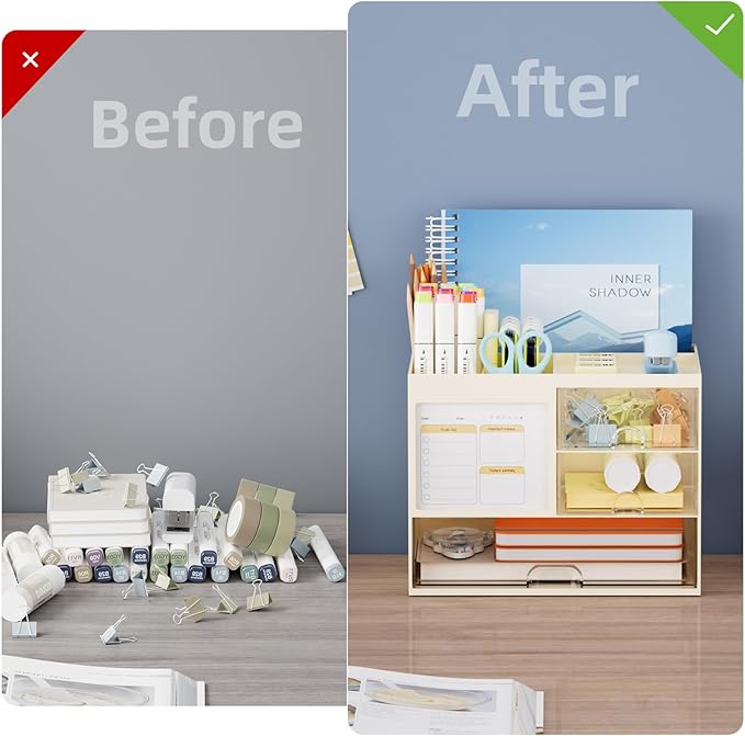 Marbrasse Desk Organizer with 3 Drawer, Multi-Functional Pencil Pen Holder for Desk, Desktop Organizer Storage for Office Home Art Supplies (Beige)