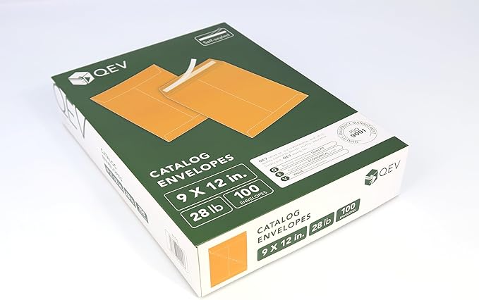 Manila Envelopes 9x12, 28lb Brown Kraft Paper, Self Seal adhesive tape, 100 count