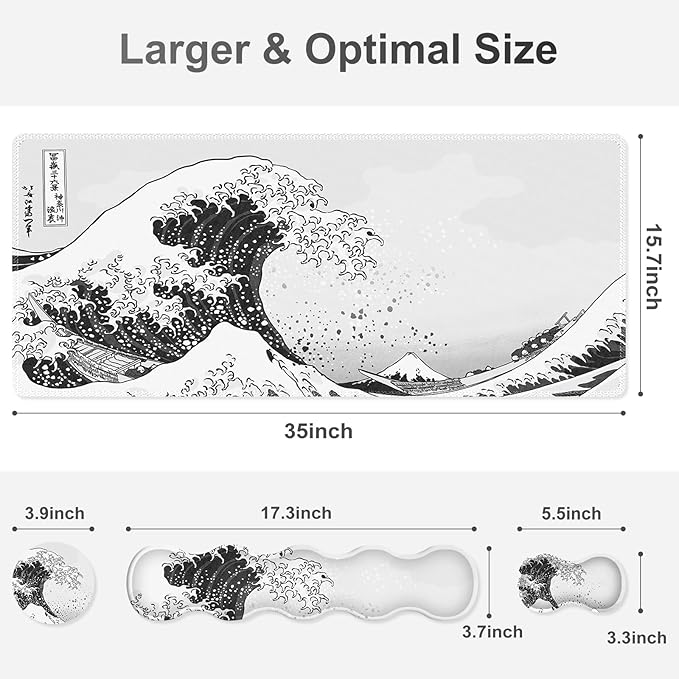 Gaming Mouse Pad Keyboard Wrist Support, 4 in1 Mousepad Set with Wrist Keyboard Rest, Computer Desk Mat, Non-Slip Desk Pad Protector with Memory Foam Easy Typing Pain Relief I Japanese Sea Wave