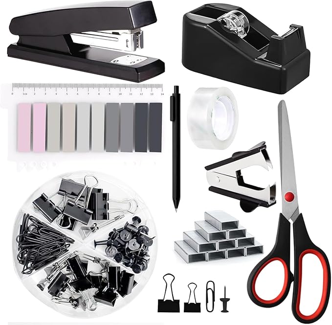 Office Supplies,Desk Accessories, Stapler and Tape Dispenser Set for Women with Stapler, Tape Dispenser, Staple Remover, Staples, Clips, Scissor and Tabs,Gift for Students, Coworkers