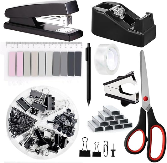 Office Supplies,Desk Accessories, Stapler and Tape Dispenser Set for Women with Stapler, Tape Dispenser, Staple Remover, Staples, Clips, Scissor and Tabs,Gift for Students, Coworkers