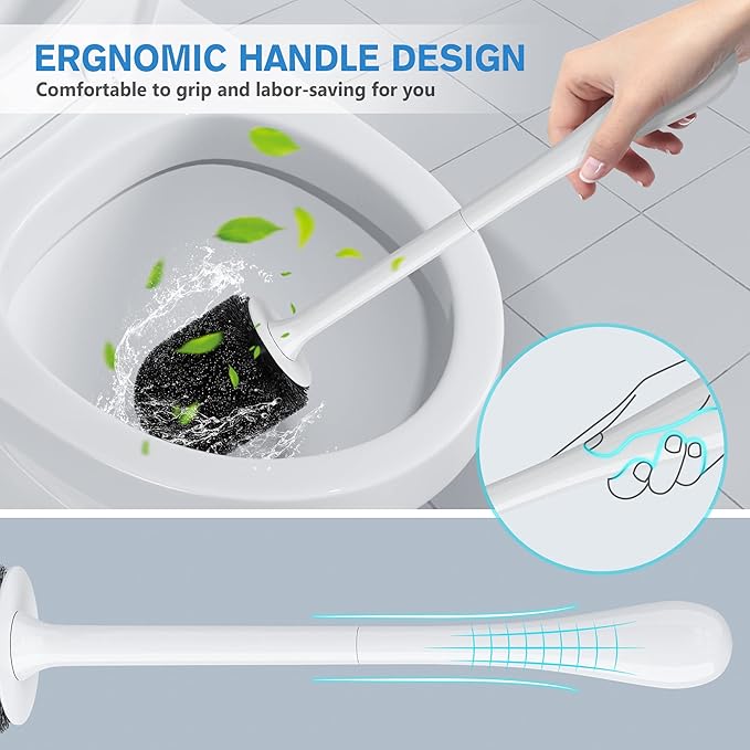 Toilet Brush 2 Pack, Toilet Bowl Brush with Ventilated Holder and Ergonomic Long Handle, Durable Bristles Toilet Scrubber Set for Bathroom Cleaning(White)