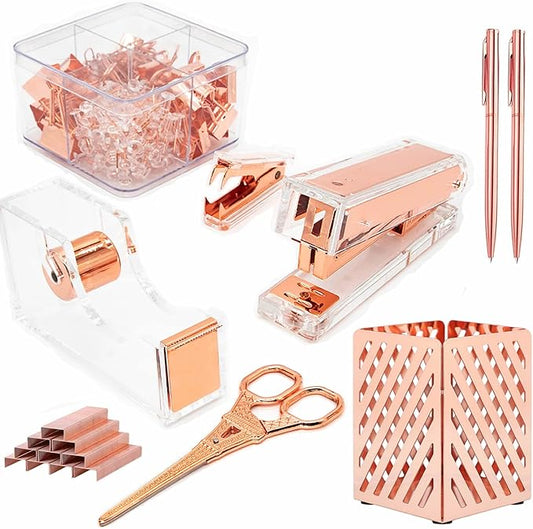 Rosegold Office Supplies Set,Package Contains Stapler,Tape Dispenser,Staple Remover,Scissors,Pen,Pen Holder,Binder Clips,Paper Clips,Push Pins and 1000pcs Staples