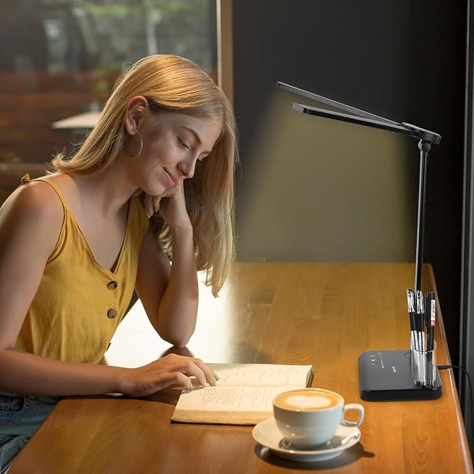 Qooltek Touch Control LED Desk Lamp, Table Lamp with 5 Color Modes Dimmable Brightness for Home Office, Dual Swing Arm USB Charging Port Desk Light, Eye-Caring Reading Light with Pen Holder, Black
