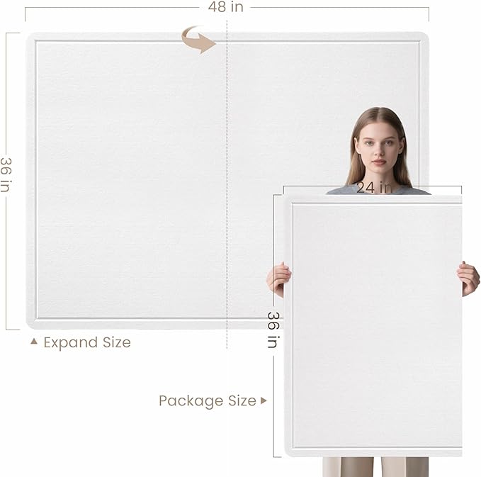 Large Bulletin Board - 48 x 36 Inches, Decorative Felt Pin Board for Wall - 4' x 3' Foldable Photo Display Board with Self-Adhesive Tape, Includes 20 Push Pins - White
